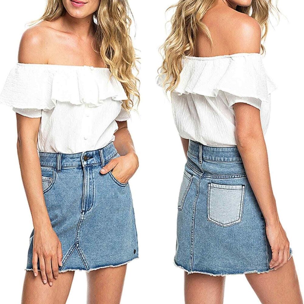 Roxy Women's Java To Lombok Blue Denim Jean Fringe Hem Mini Skirt Size Medium
